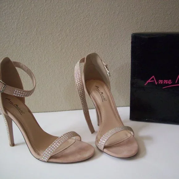 Anne Michelle size 8 tan faux suede rhinestone heels - Picture 1 of 10